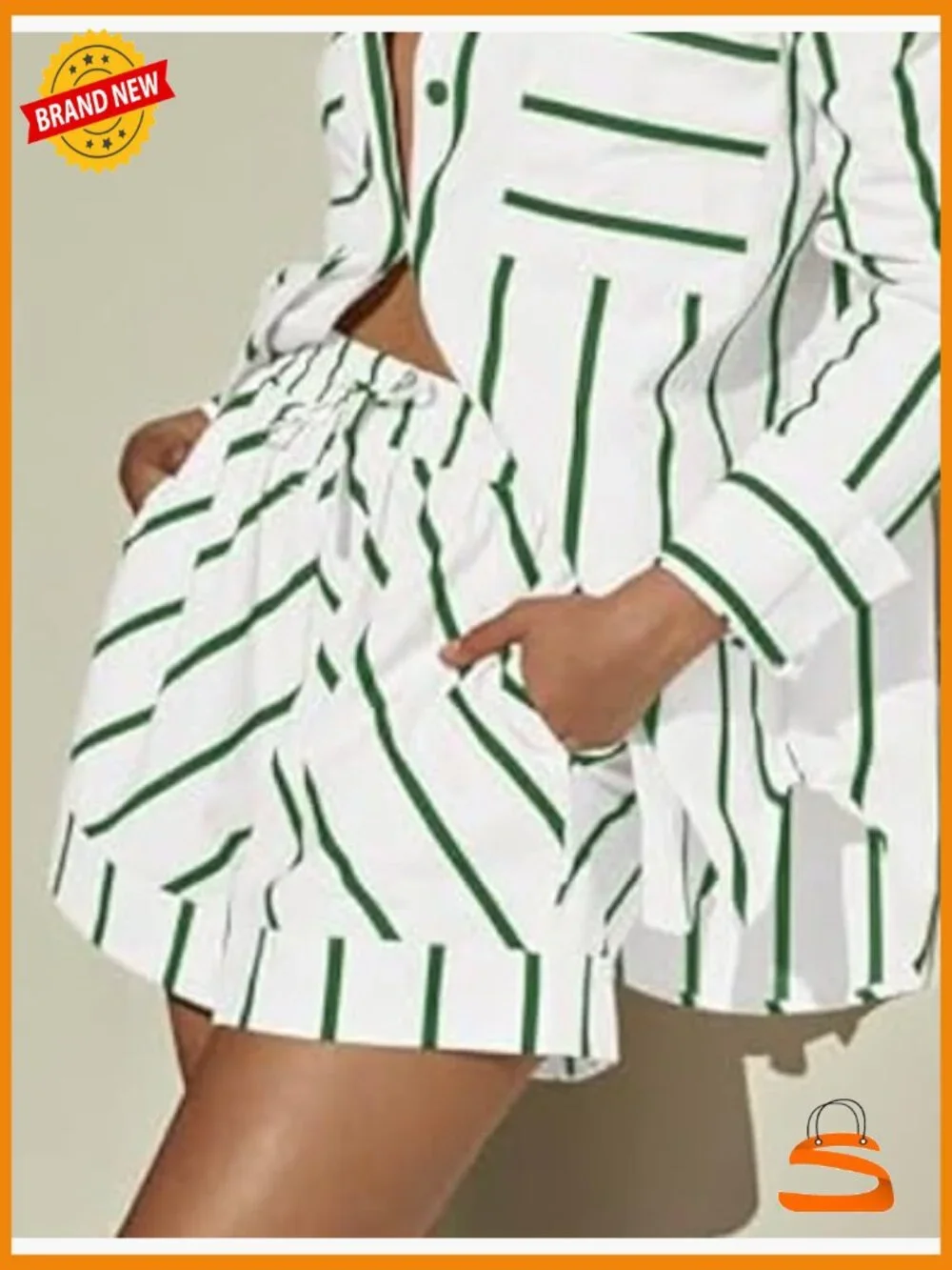 Striped 2 Piece Lounge Set: Button Down Shirt & Drawstring Shorts Matching